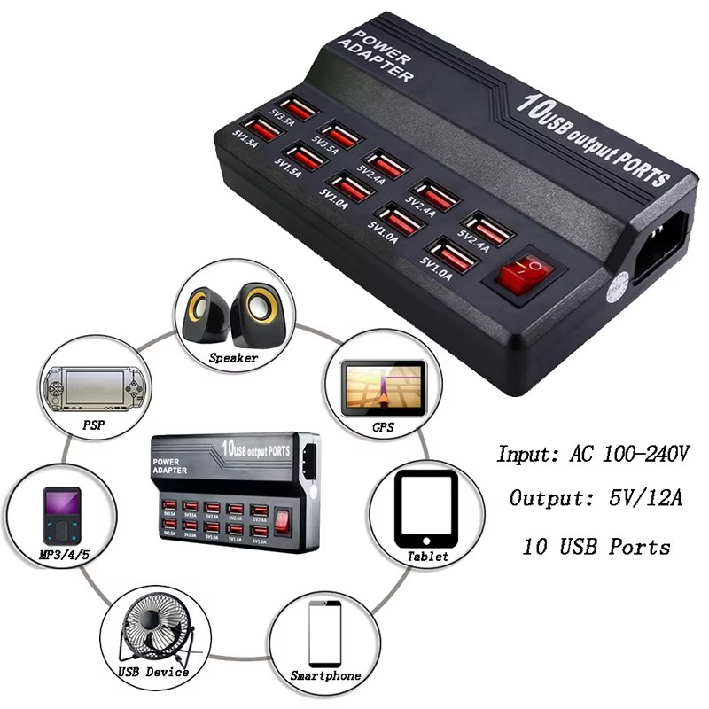 Laddningsstation med 10 USB-uttag, 60W