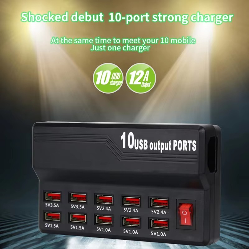 Laddningsstation med 10 USB-uttag, 60W