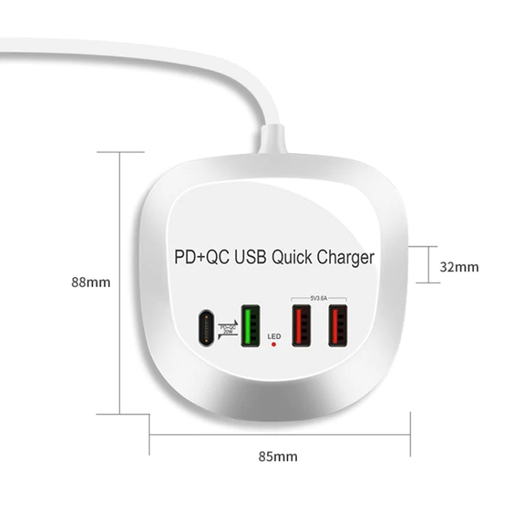 Bärbar USB-laddstation med 4 uttag, PD + QC3.0 USB, 40W