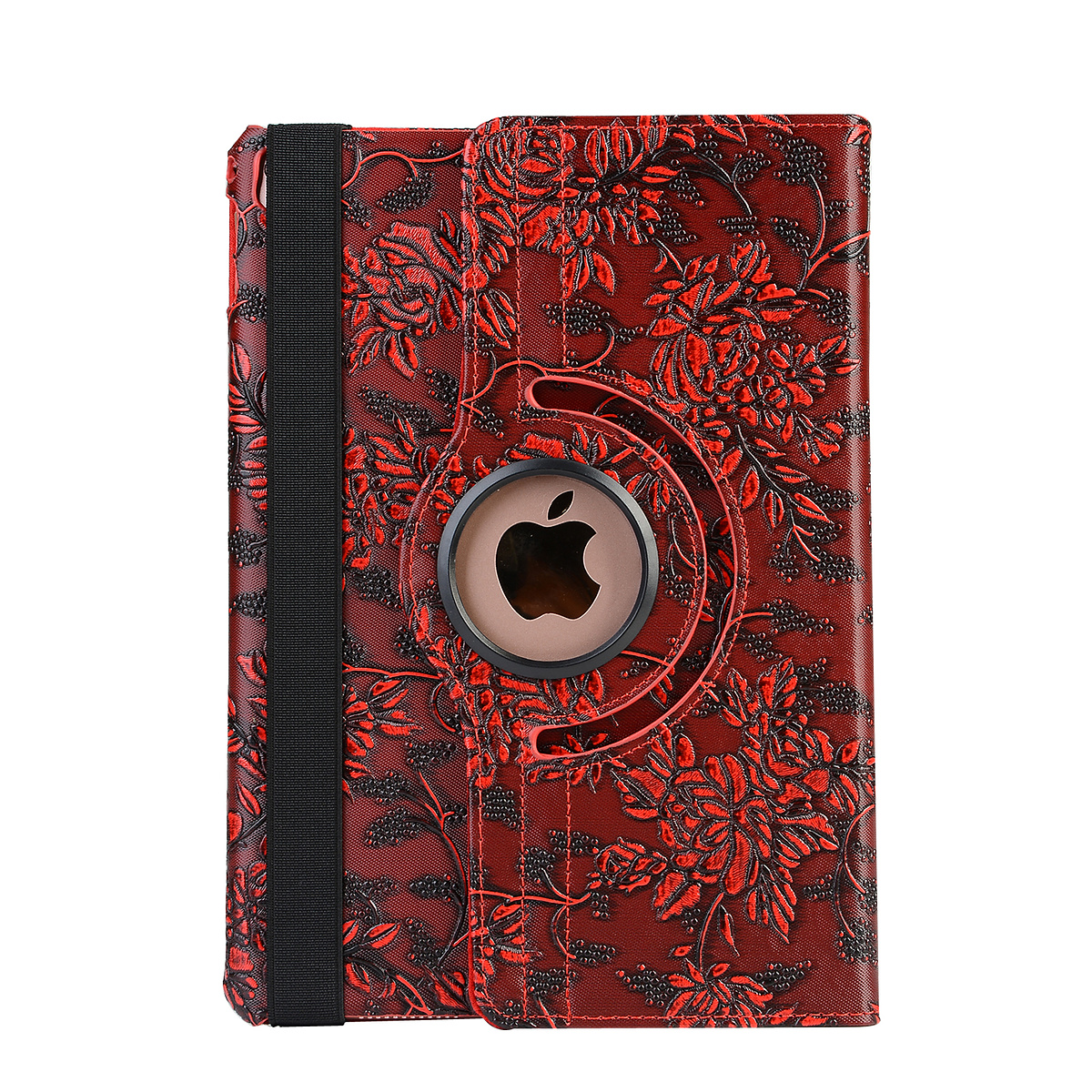 Läderfodral blommor röd, iPad 2/3/4