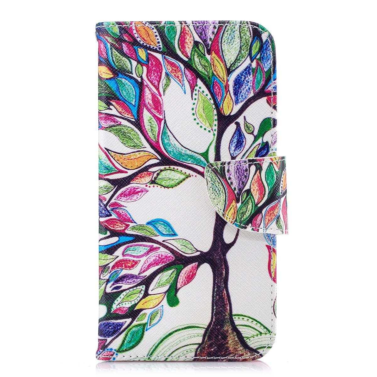Läderfodral med ställ/kortplats, färgglatt träd, iPhone XR