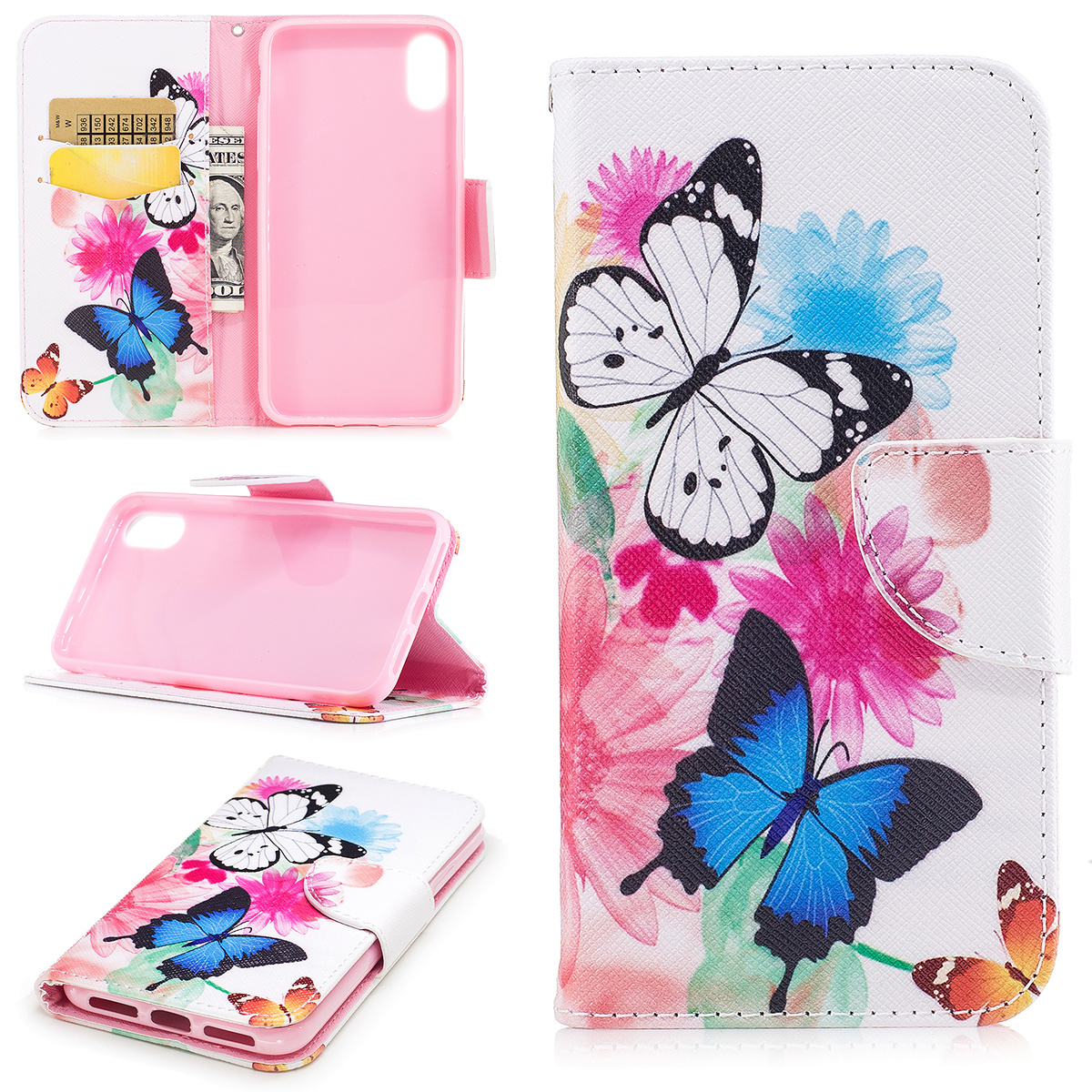 Läderfodral med ställ/kortplats, fjärilar, iPhone X/XS