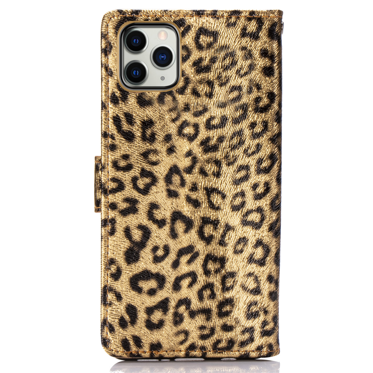 Leopard läderfodral med ställ/kortplats, iPhone 11 Pro Max, guld