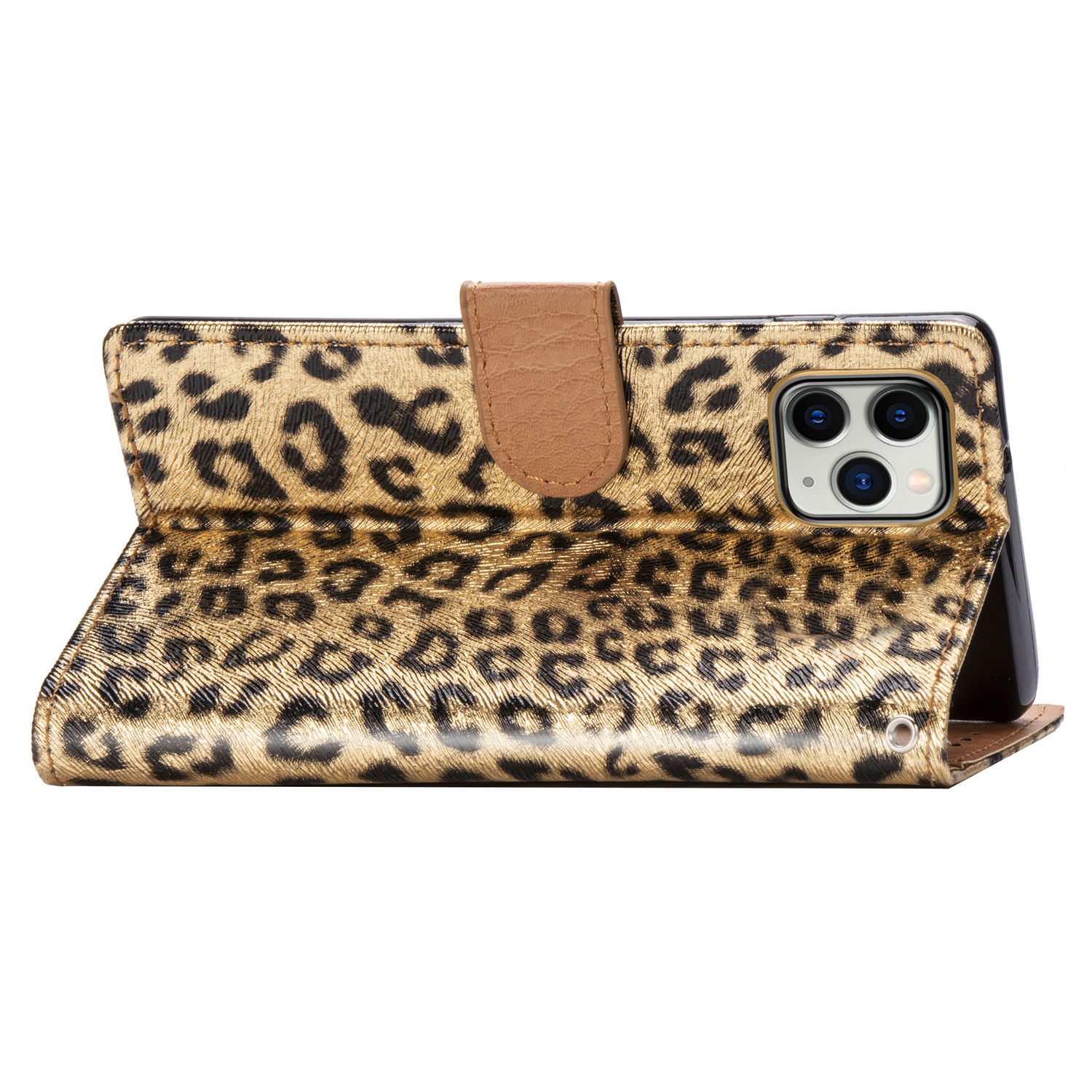Leopard läderfodral med ställ/kortplats, iPhone 11 Pro Max, guld