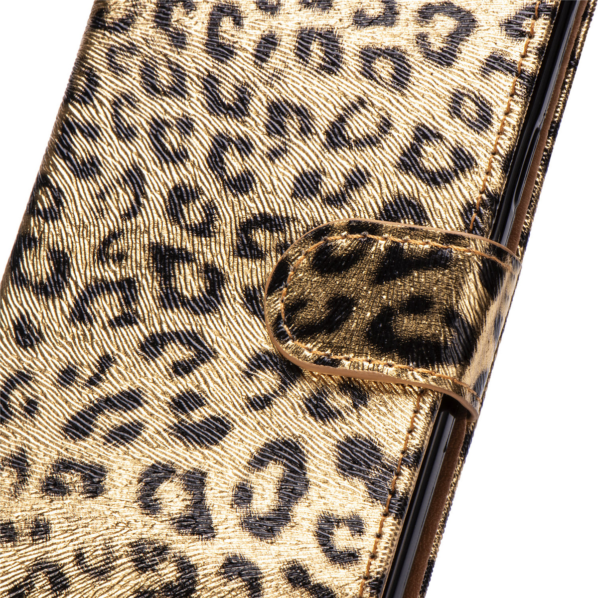 Läderfodral med ställ/kortplats leopard guld, iPhone 11