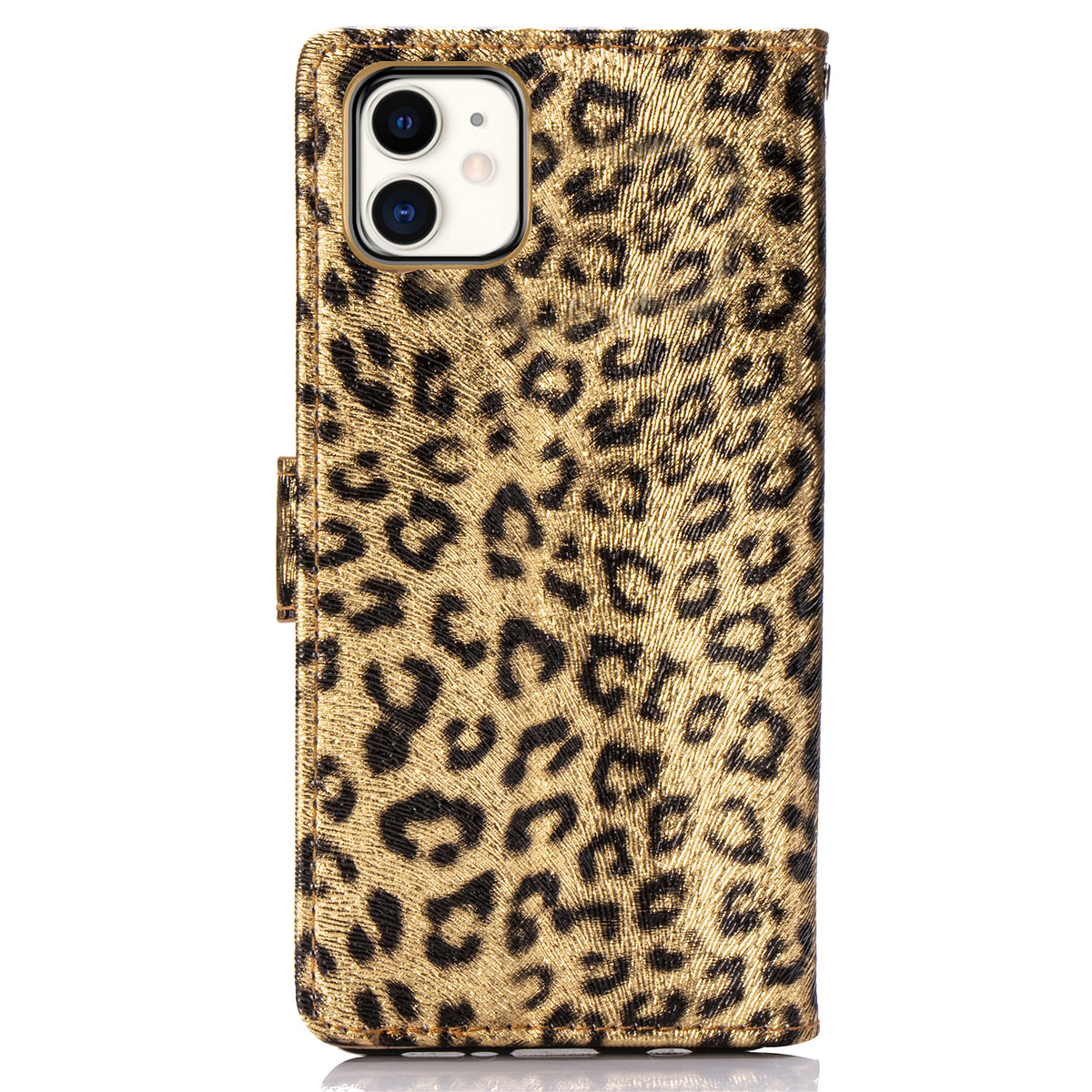 Läderfodral med ställ/kortplats leopard guld, iPhone 11