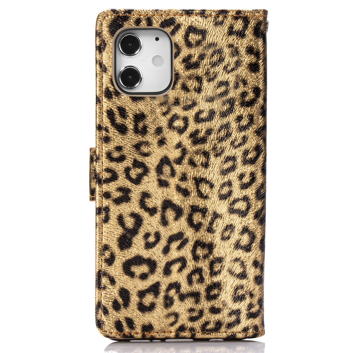 Leopard läderfodral med ställ/kortplats, iPhone 12 Mini, guld