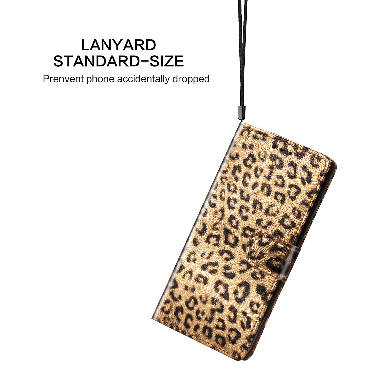 Leopard läderfodral med ställ/kortplats, iPhone 12/12 Pro, guld