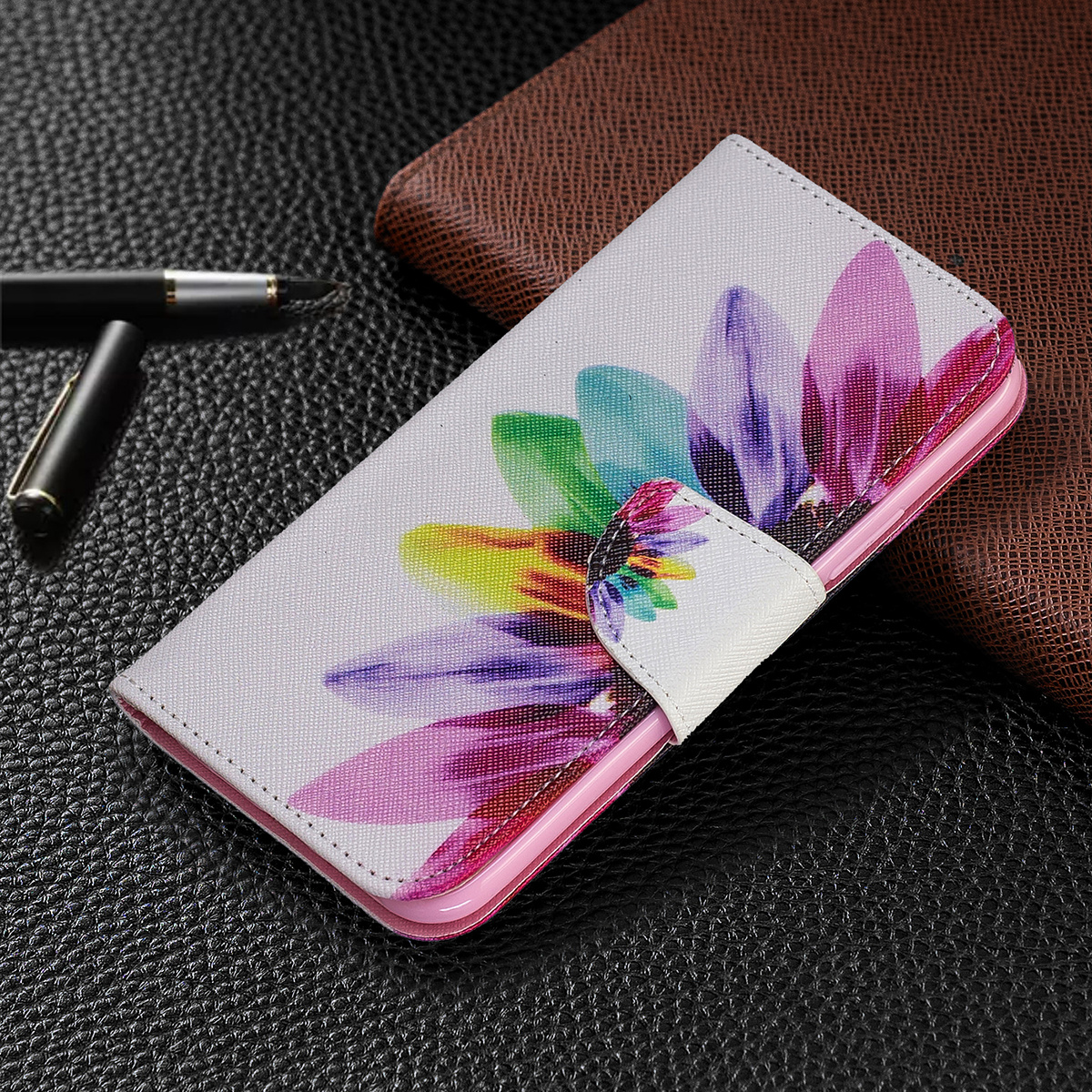 Läderfodral med ställ/kortplats, vacker blomma, iPhone 11 Pro