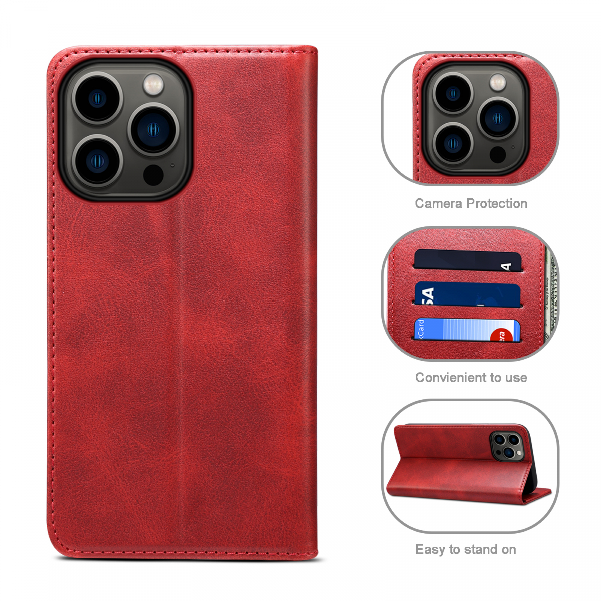 Läderfodral ställ/kortplats till iPhone 15 Pro Max, röd