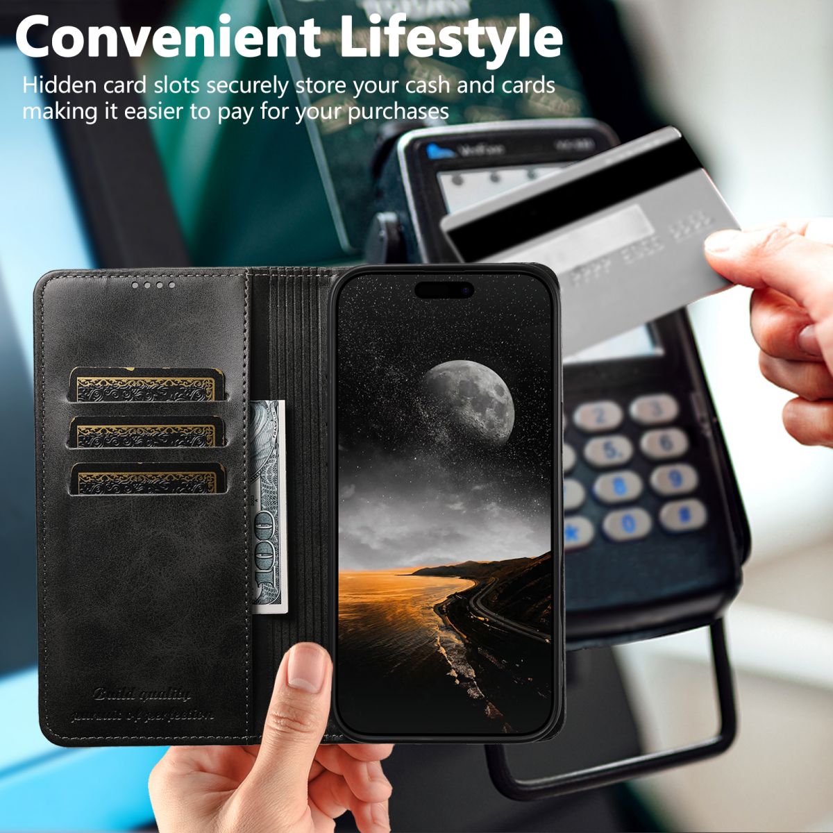 Läderfodral ställ/kortplats till iPhone 17 Air, svart