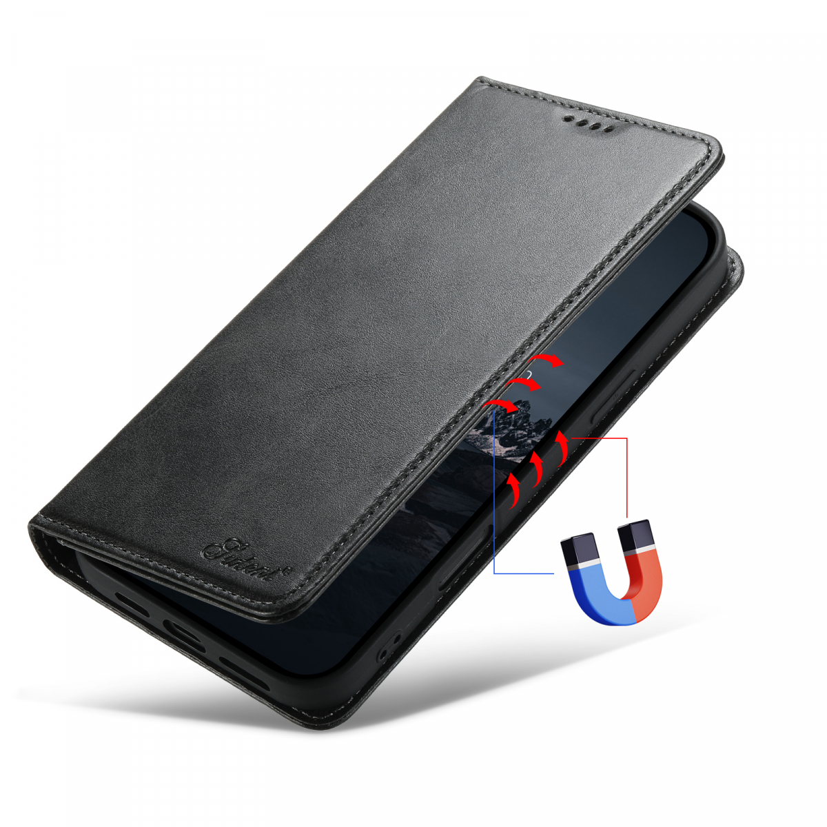 Läderfodral ställ/kortplats till iPhone 17 Pro, svart