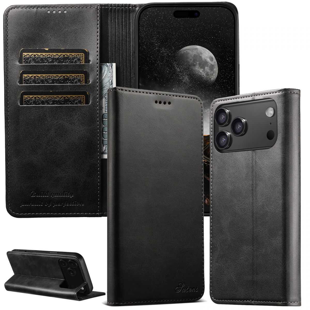 Läderfodral ställ/kortplats till iPhone 17 Pro, svart