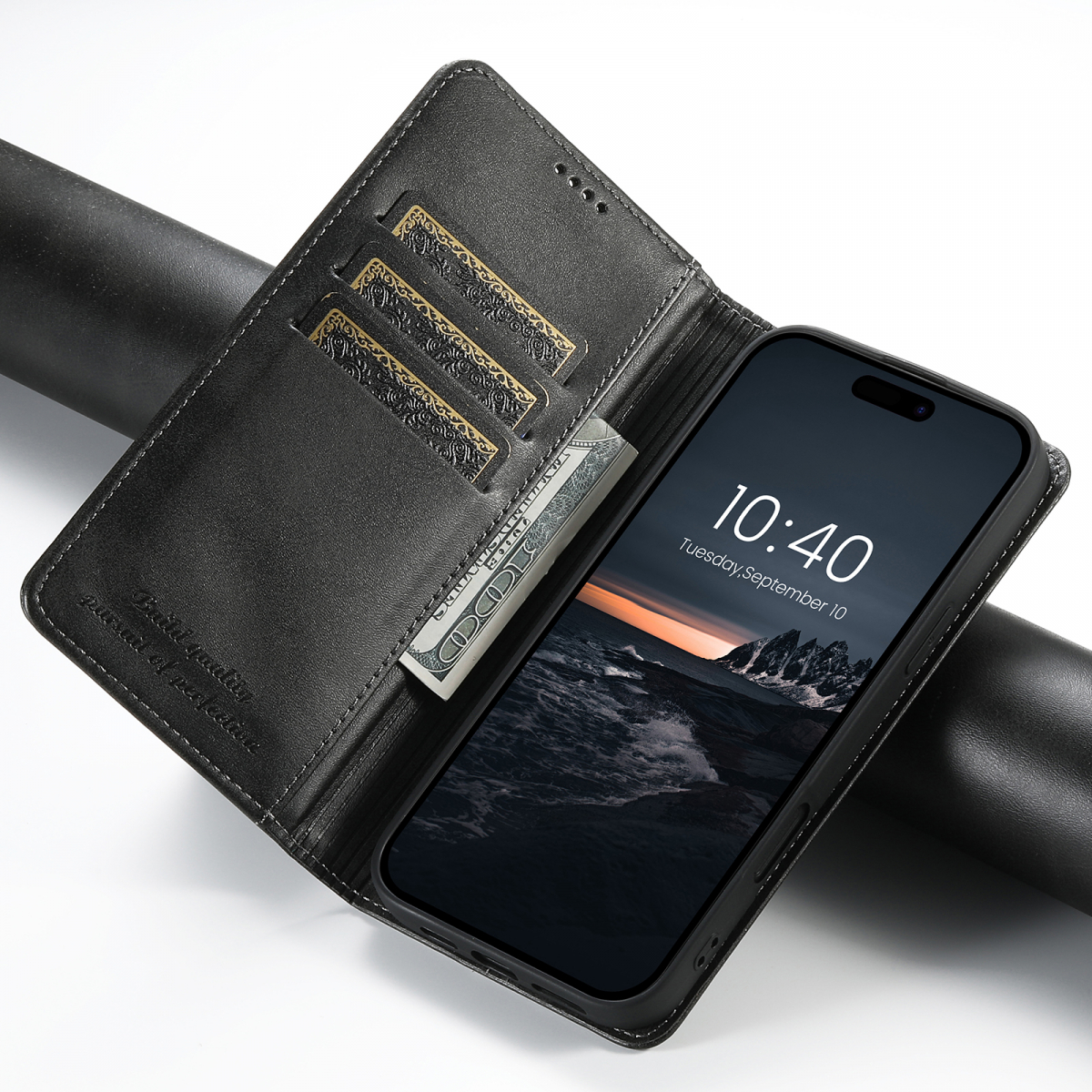 Läderfodral ställ/kortplats till iPhone 17, svart