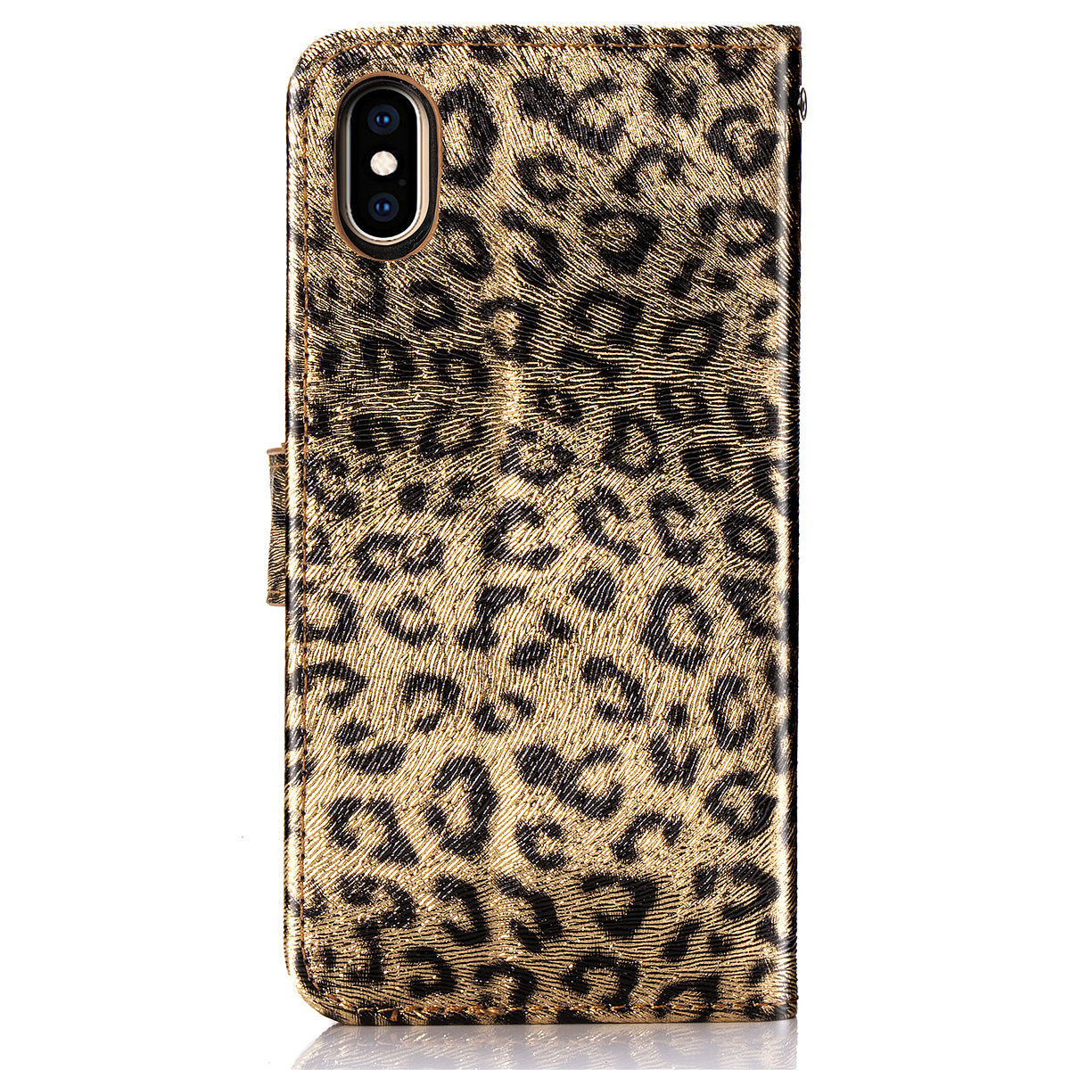 Läderfodral med kortplats leopard guld, iPhone XS Max