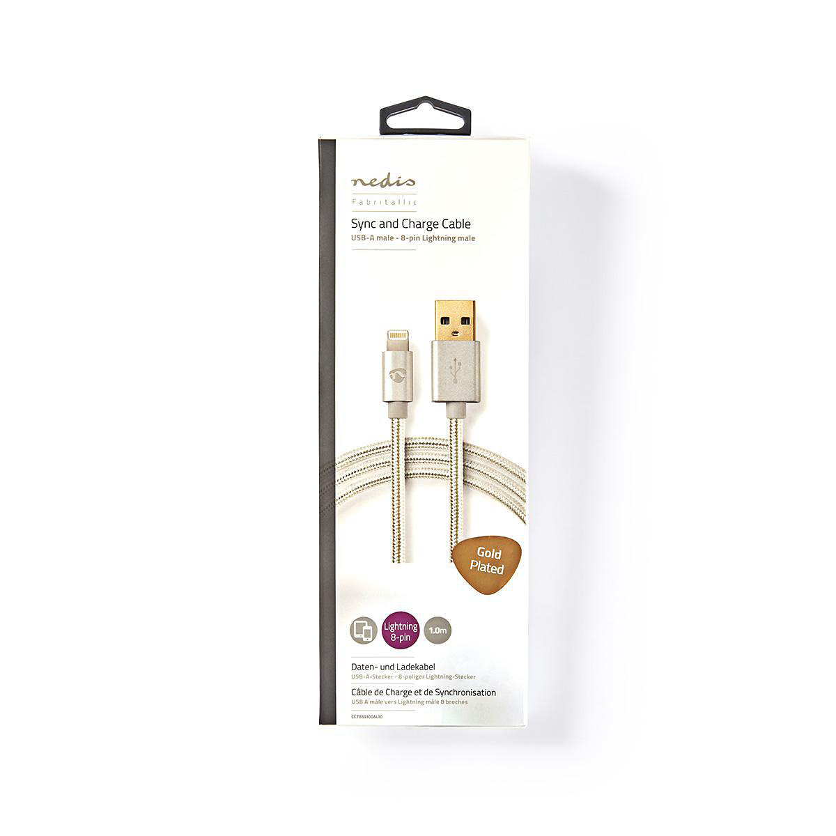 Lightningkabel USB-A hane, 1m, 8-pin, MFi-certifierad