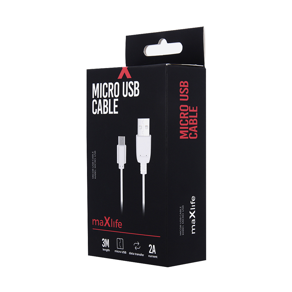 Maxlife microUSB-kabel med Fast Charge, 2A, 3m, vit