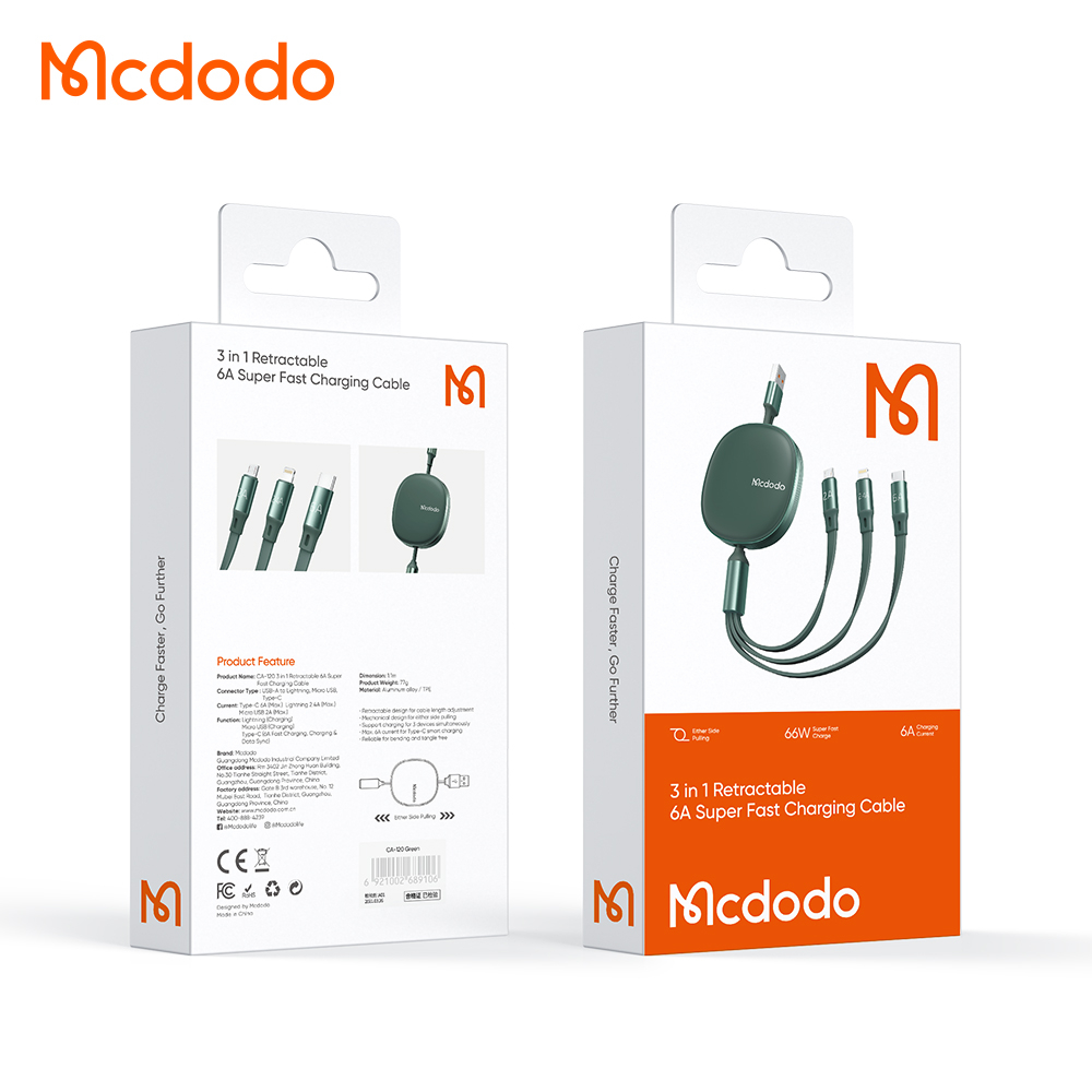 McDodo CA-1201 Upprullad 3-i-1 multikabel, 66W, 6A, 1.2m