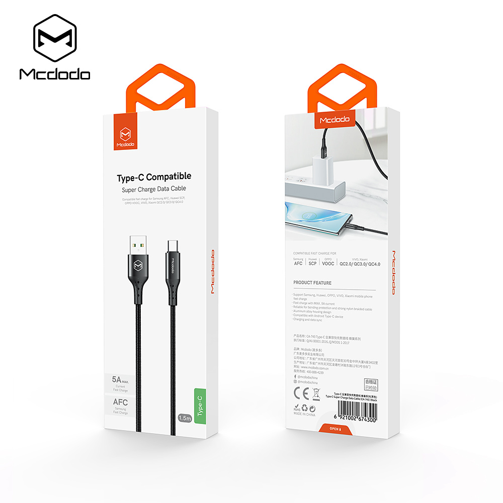 McDodo CA-7430 USB-C kabel med QC, 5A, 1.5m, svart