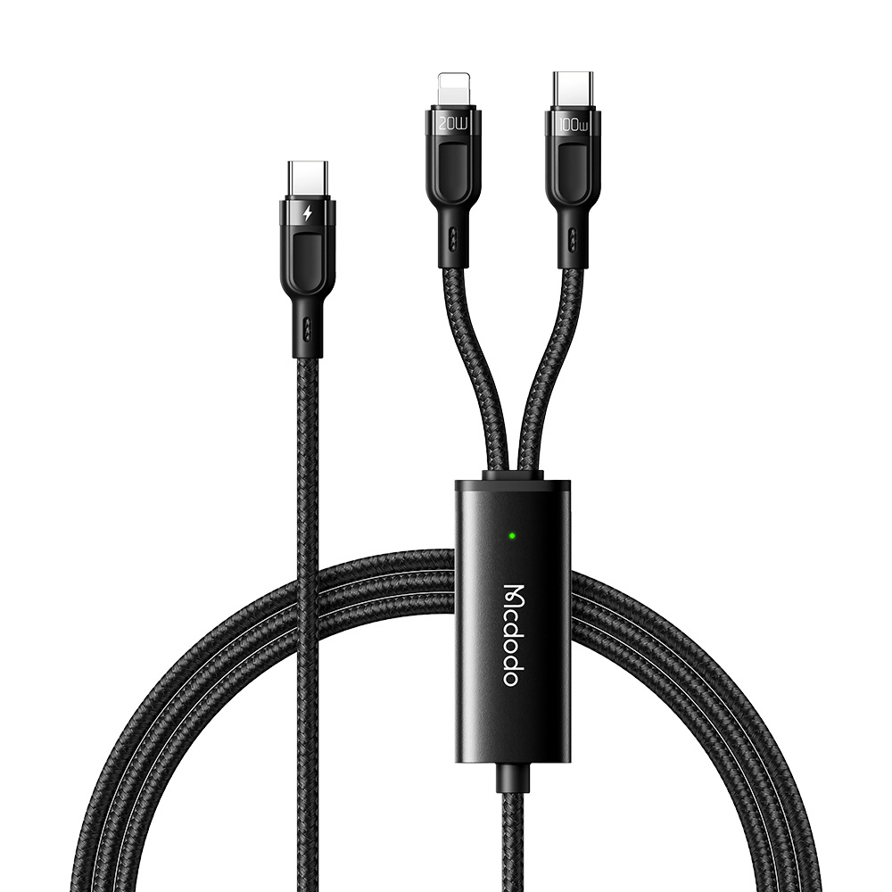 McDodo CA-878 USB-C till USB-C+Lightning-kabel, 5A, 1.2m, svart