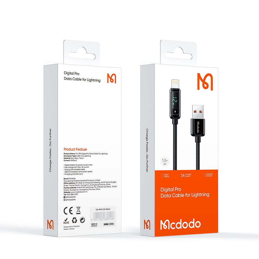 McDodo CA-994 Lightning-kabel med LED-display, 12W, 3A, 1.2m