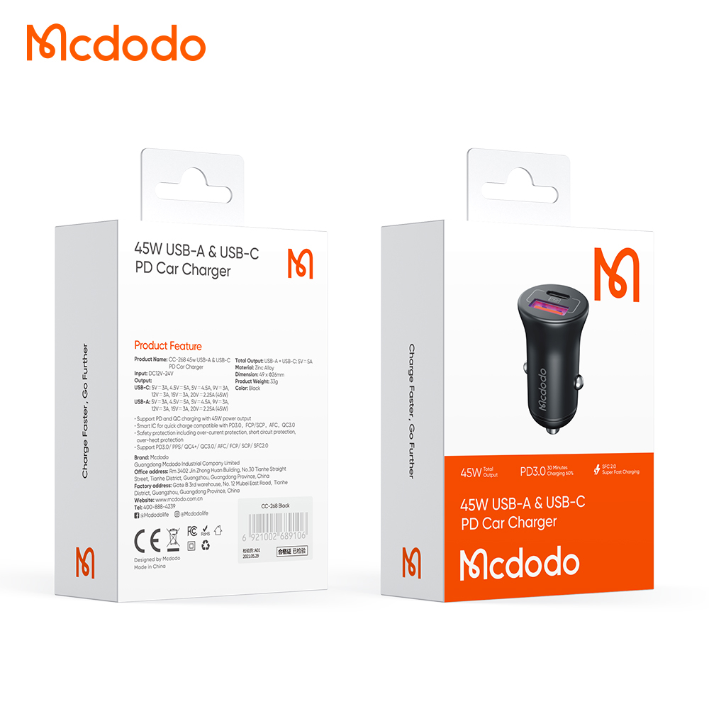 McDodo CC-268 USB+USB-C billaddare, PD, 45W, 5A, svart