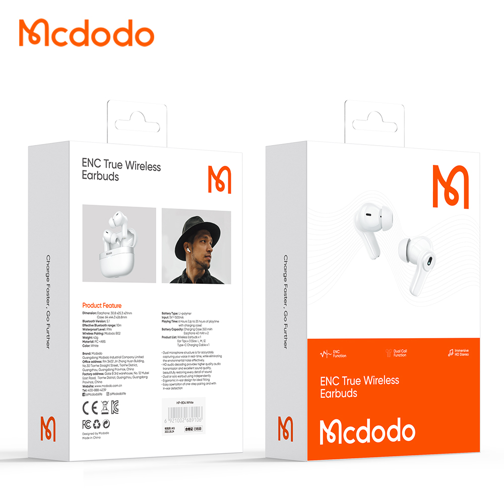 McDodo HP-804 TWS Trådlösa In Ear-hörlurar, vit