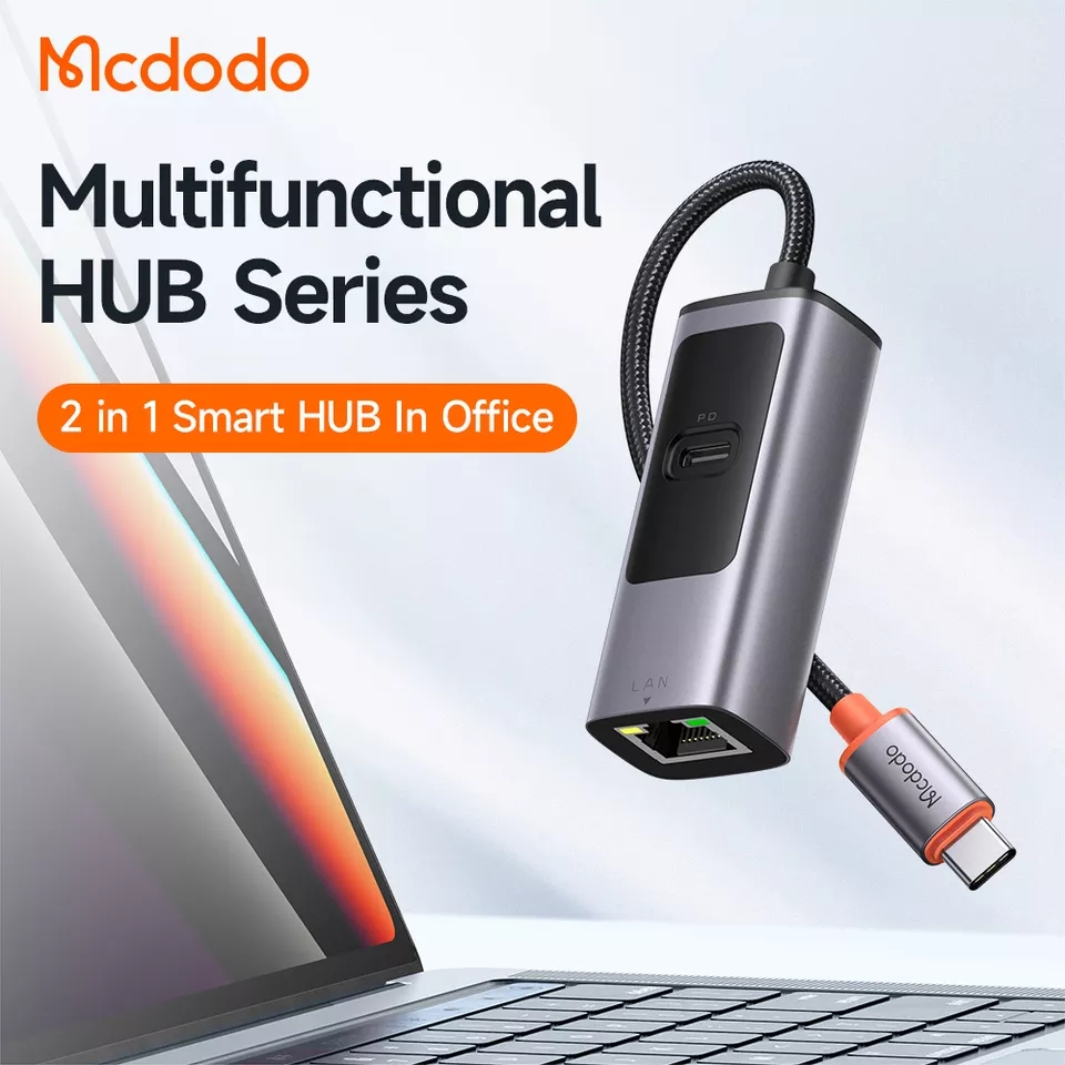 McDodo HU-068 USB-C till RJ45-adapter+USB-C uttag, PD, 100W