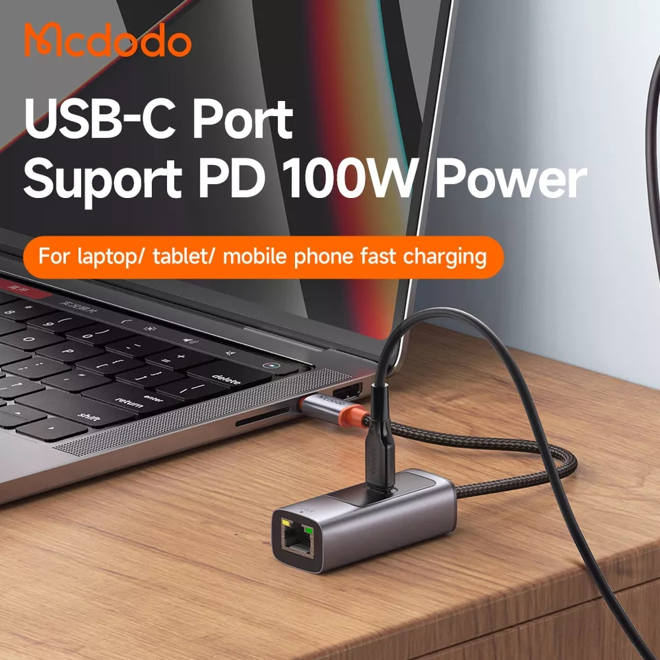McDodo HU-068 USB-C till RJ45-adapter+USB-C uttag, PD, 100W