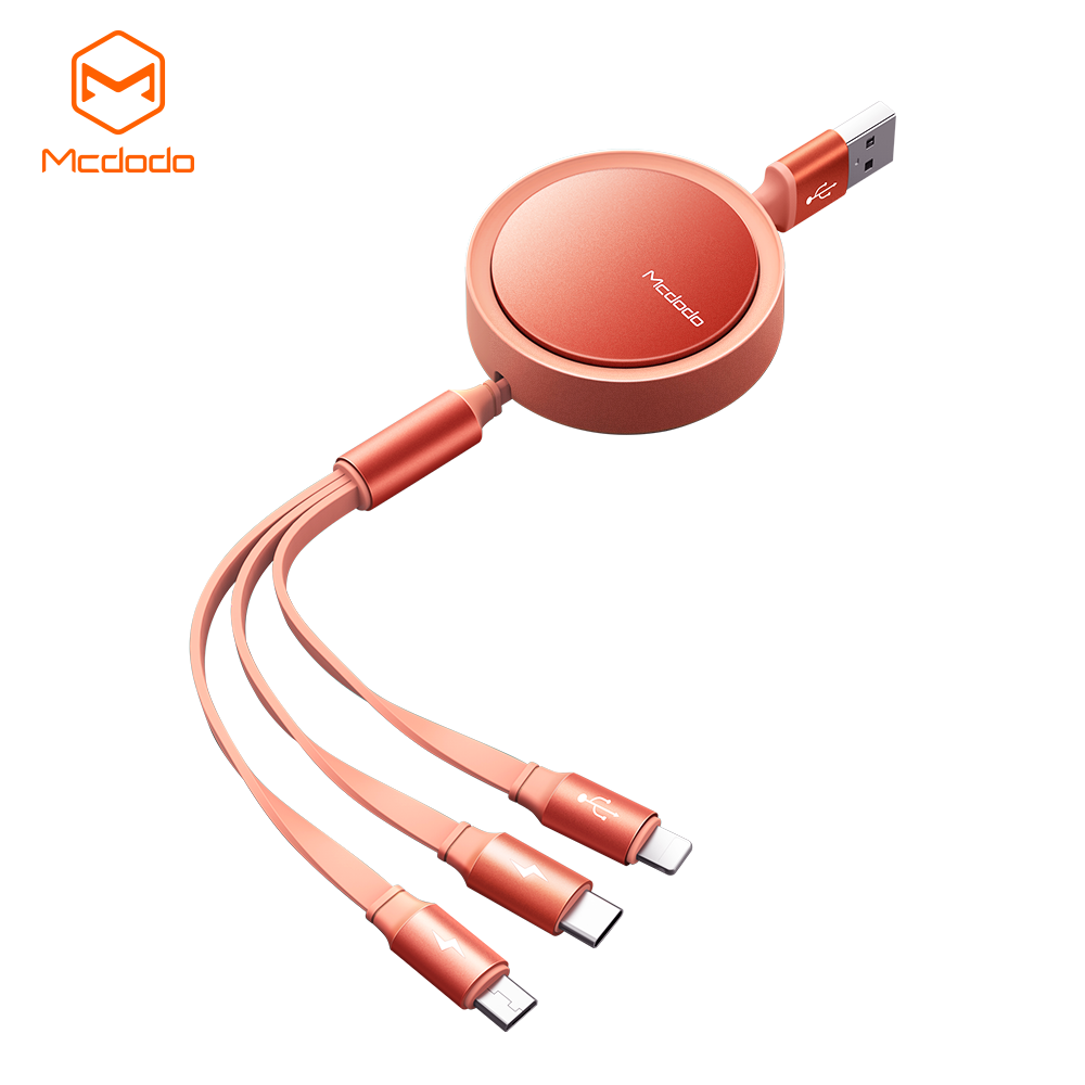 McDodo Upprullad 3-i-1 kabel, USB-C/Lightning/MicroUSB, orange