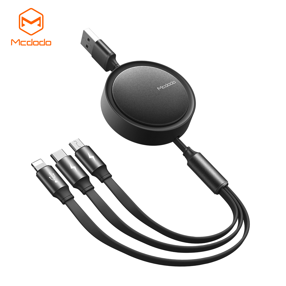 McDodo Upprullad 3-i-1 kabel, USB-C/Lightning/MicroUSB, svart