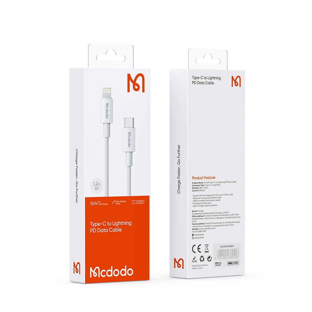 McDodo CA-276 USB-C till Lightning kabel, PD, 36W, 1.2m, vit