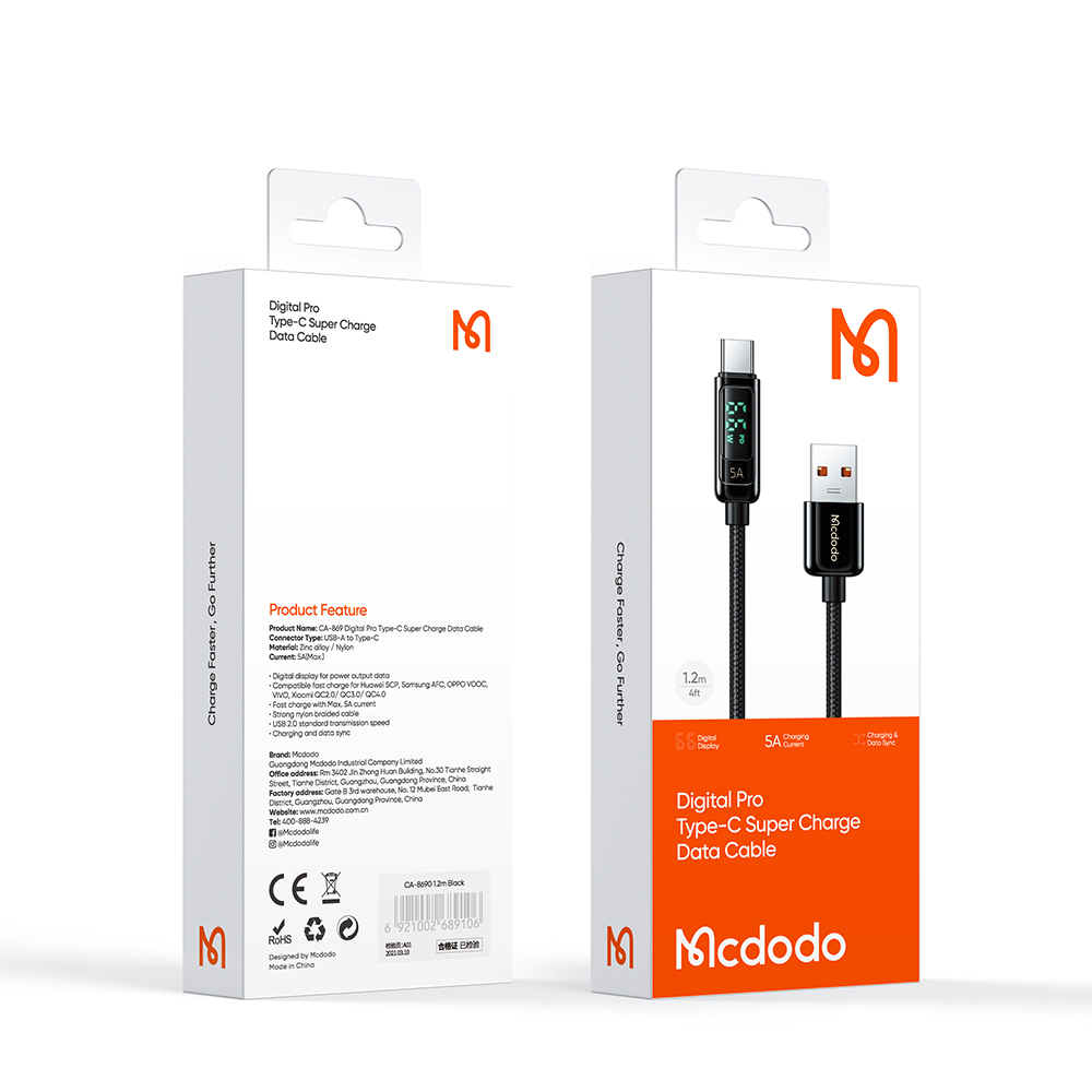 McDodo CA-869 USB-C kabel med LED-display, QC4.0, 5A, 1.2m