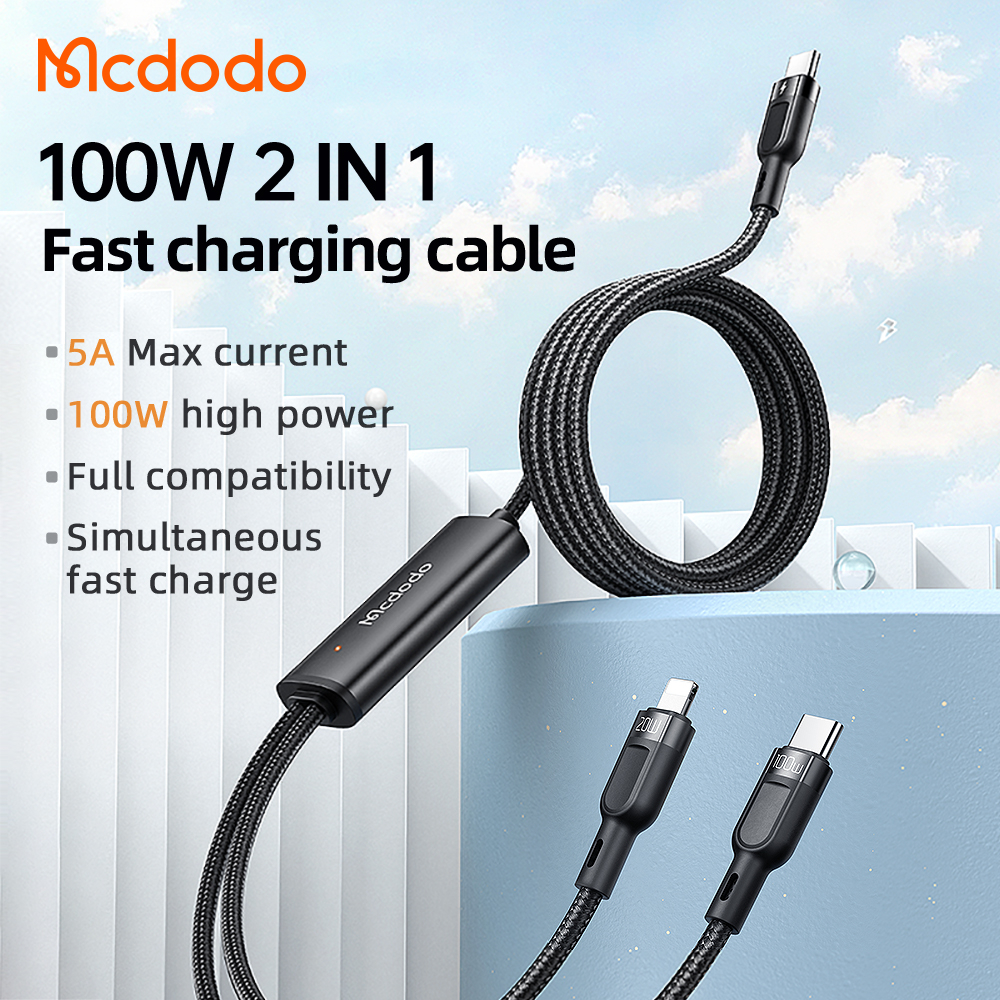 McDodo CA-878 USB-C till USB-C+Lightning-kabel, 5A, 1.2m, svart
