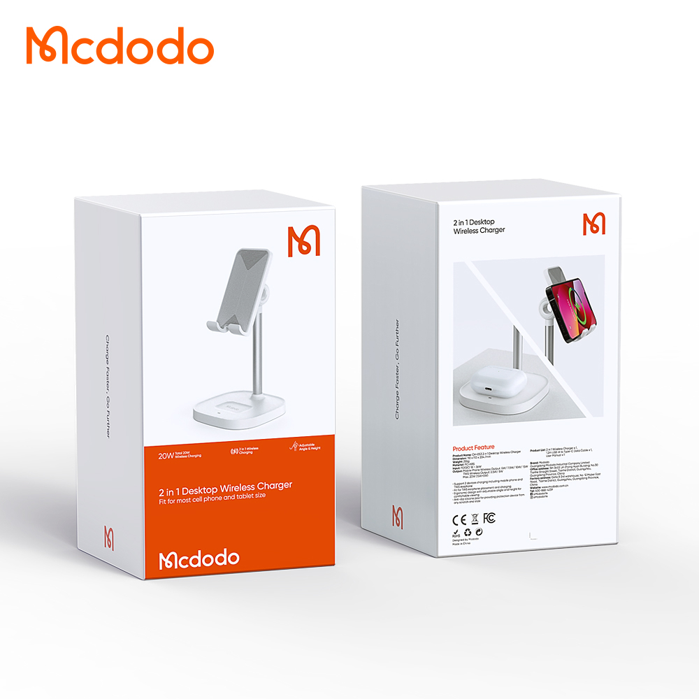 McDodo CH-053 2-i-1 mobilställ med trådlös laddare, 20W, vit