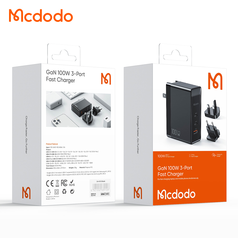 McDodo CH-8101 USB-C+USB GaN väggladdare 100W, EU, svart