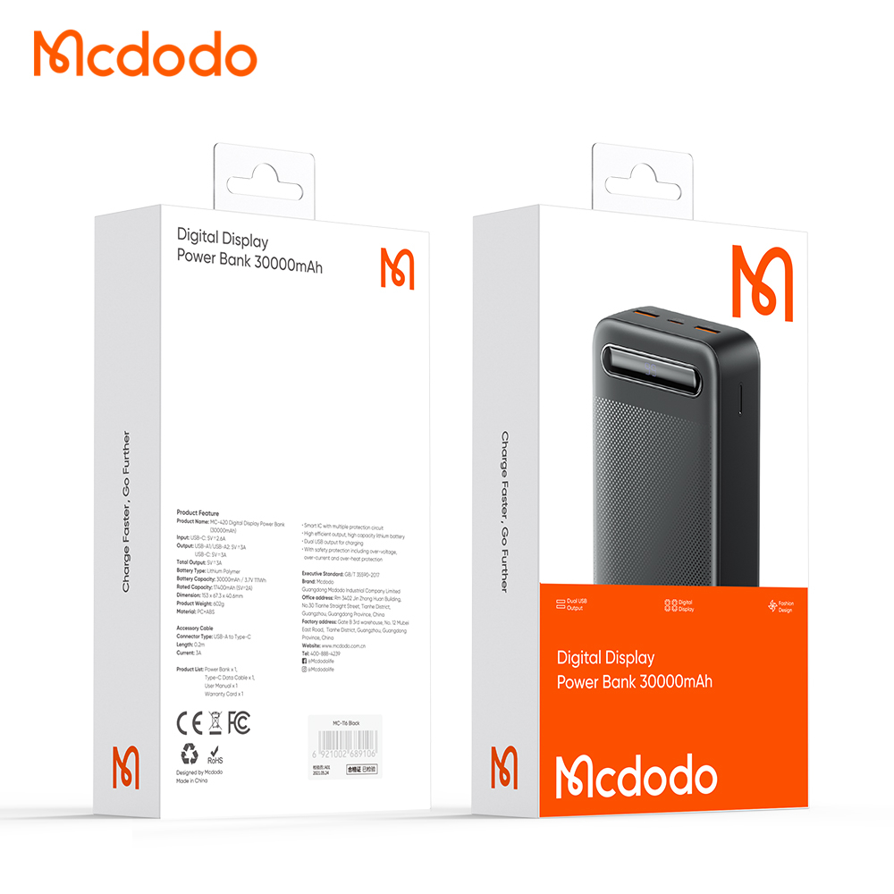 McDodo MC-4442 powerbank med display, 30.000mAh