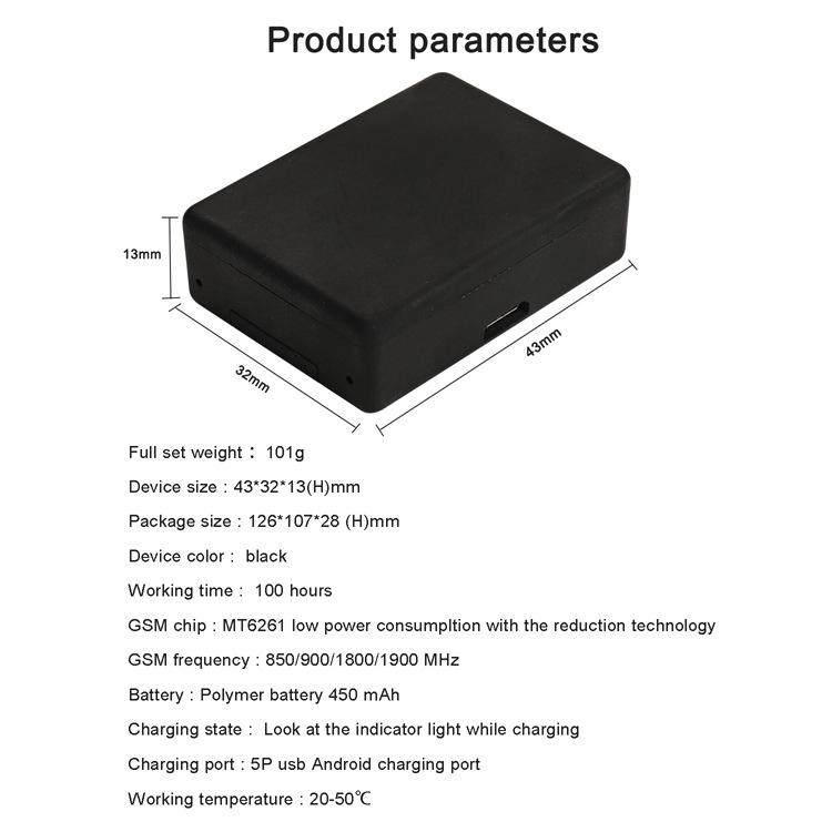 N+ GSM-bugg för avlyssning med GPS-spårning, 450mAh