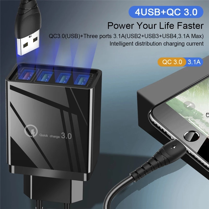 Väggladdare med 4xUSB, QC 3.0, 18W, svart