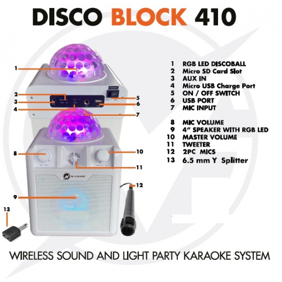 N-GEAR Disco Block 410 Bluetooth-högtalare, discokula, 50W, vit