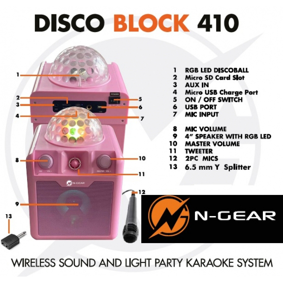 N-GEAR Disco Block 410 Bluetooth-högtalare, discokula, 50W, rosa