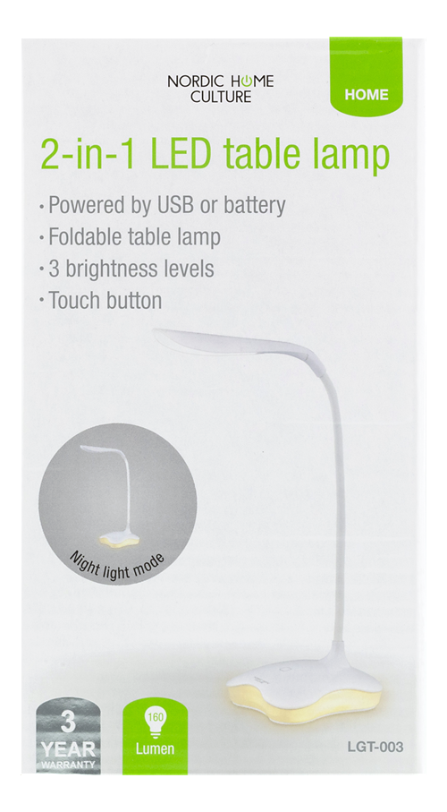 Nordic Home Culture, LED-bordslampa, 25cm böjbar arm, USB, vit
