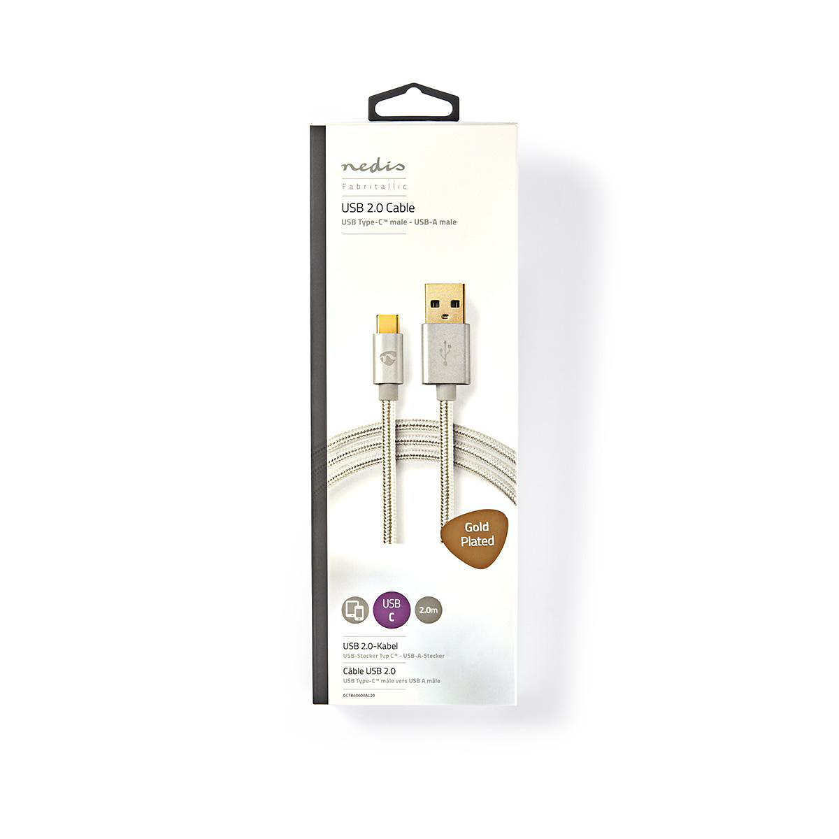 Nedis slitstark USB-A till USB-C kabel, 2m