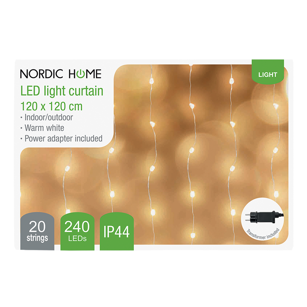 Nordic Home LED-gardin för inomhus/utomhusbruk, 120x120cm