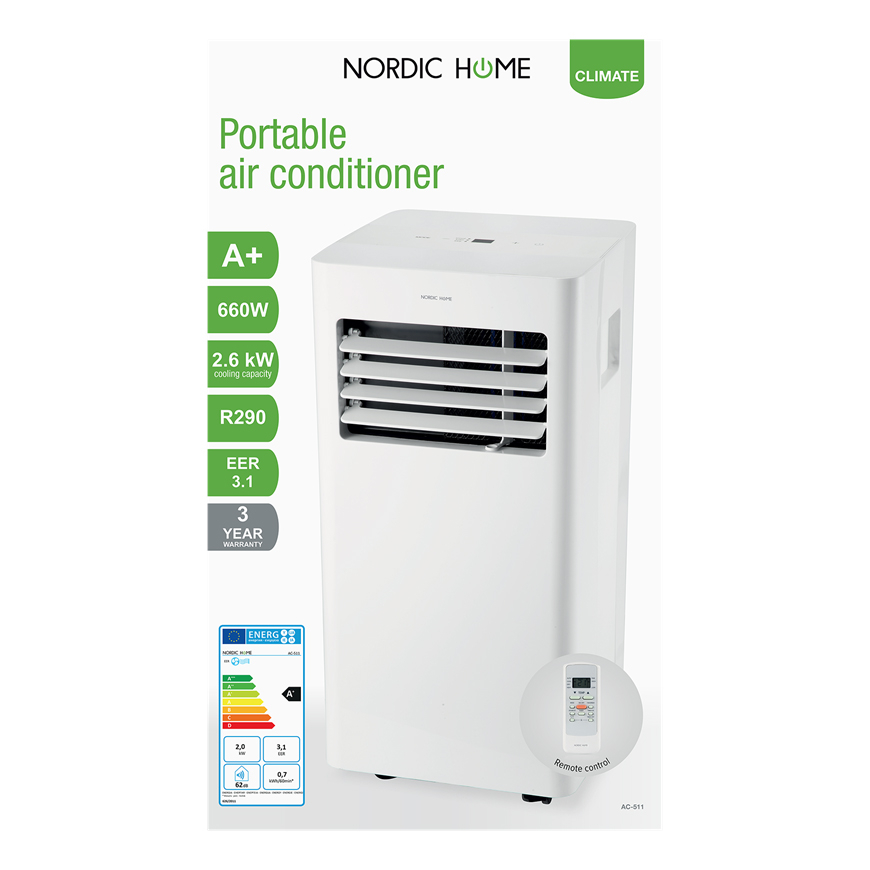 Nordic Home Portabel AC med 3 lägen, A+, 660W, vit