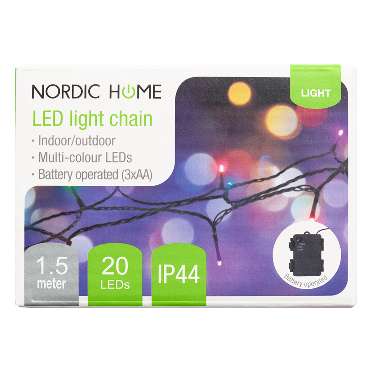 Nordic Home batteridriven ljusslinga med timer, flerfärgad, 1.5m