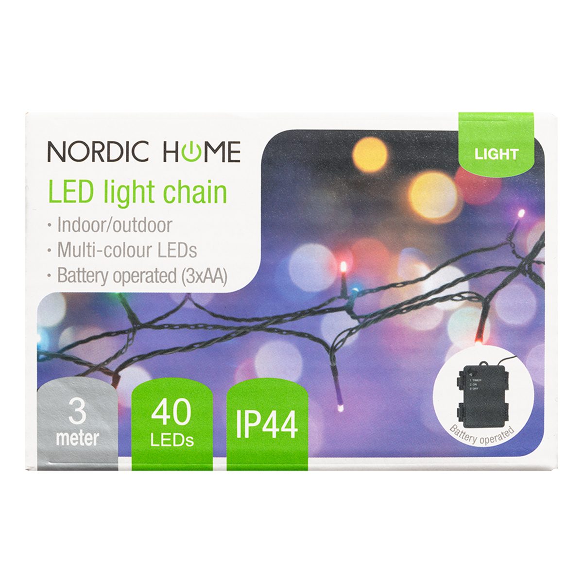 Nordic Home batteridriven ljusslinga med timer, flerfärgad, 3m