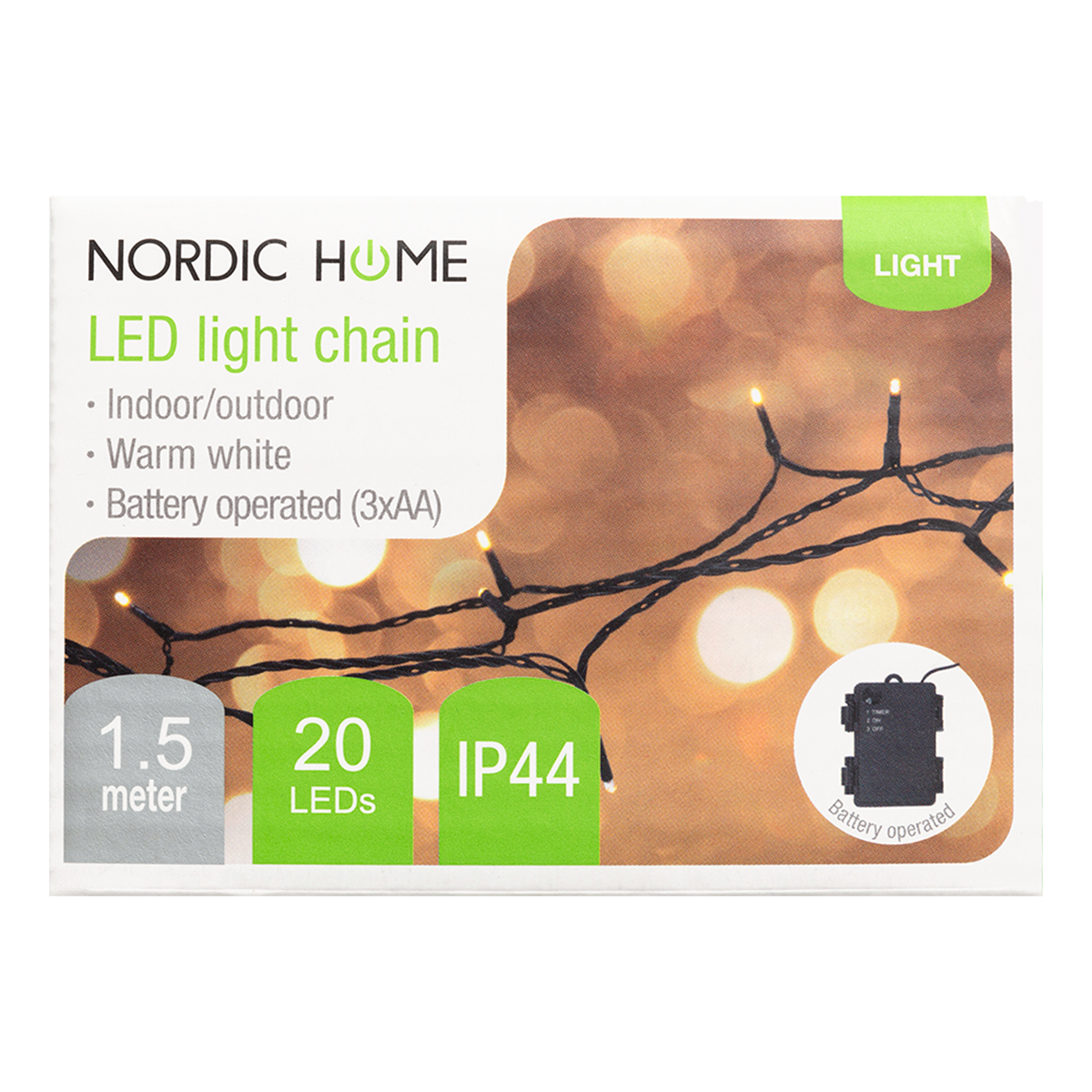 Nordic Home batteridriven ljusslinga med timer, varmvit, 1.5m