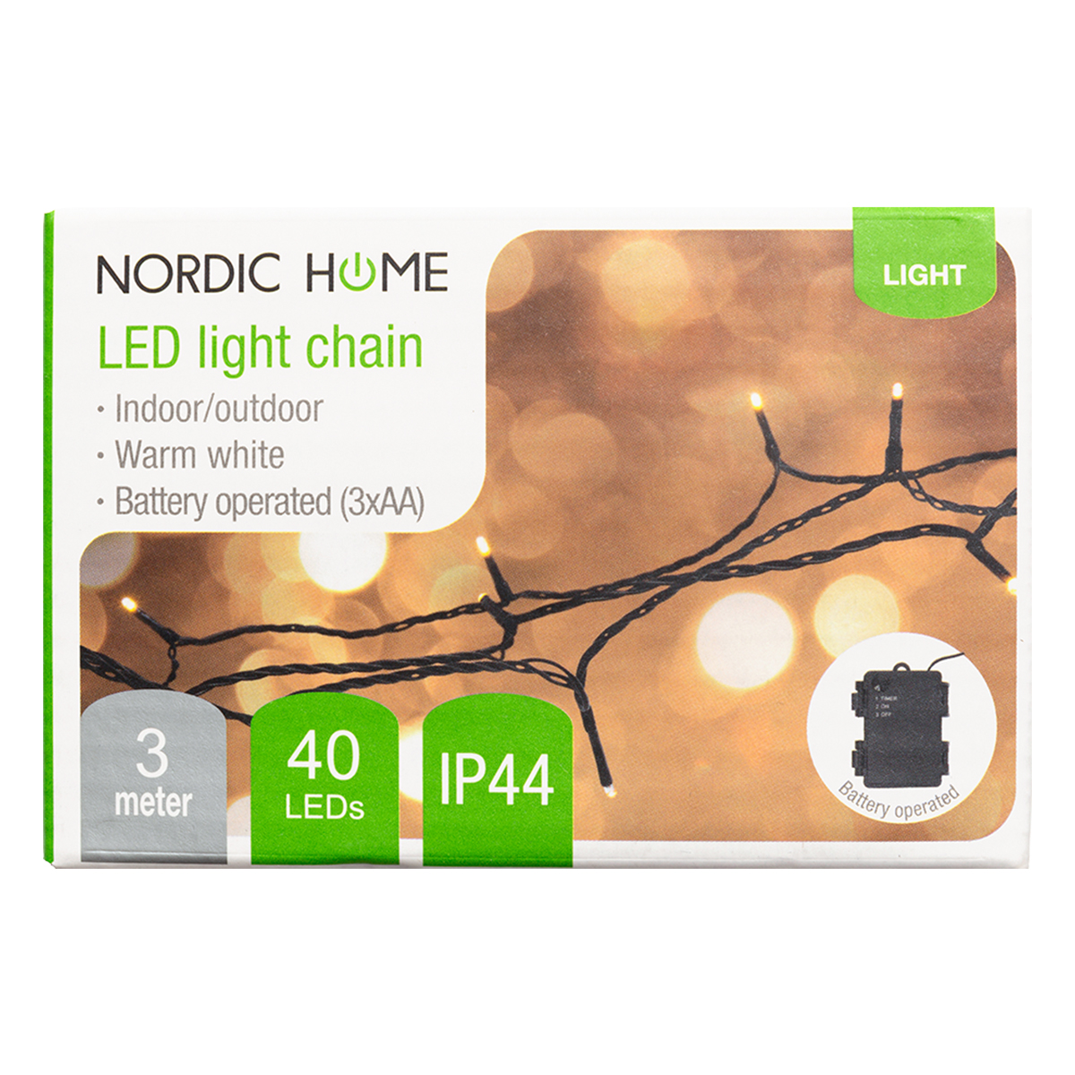 Nordic Home batteridriven ljusslinga med timer, varmvit, 3m