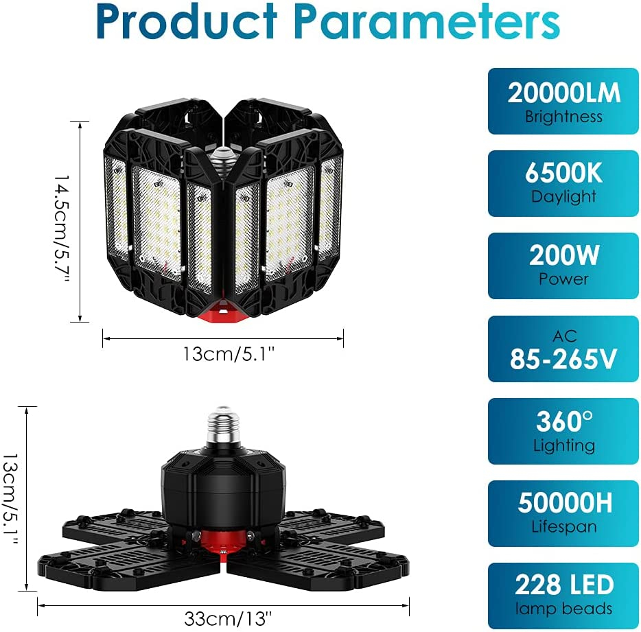 P10 Vikbar LED Garage-lampa, E27, 200W, 20000lm
